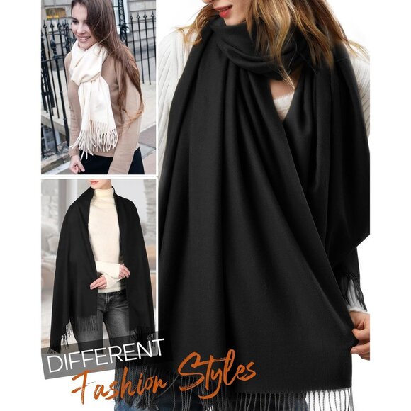 Women's Black Pashmina Shawl Wraps Cashmere Feel Winter Scarf Soft Warm Blanket - Picture 3 of 6
